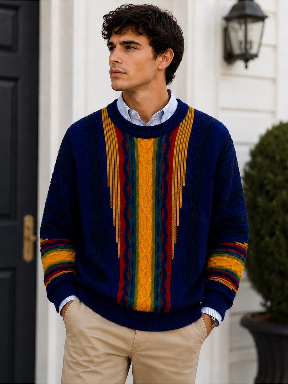 Vintage 90s Le Tigre 3D Textured Knit Sweater / Multicolor "Coogi Style" XL